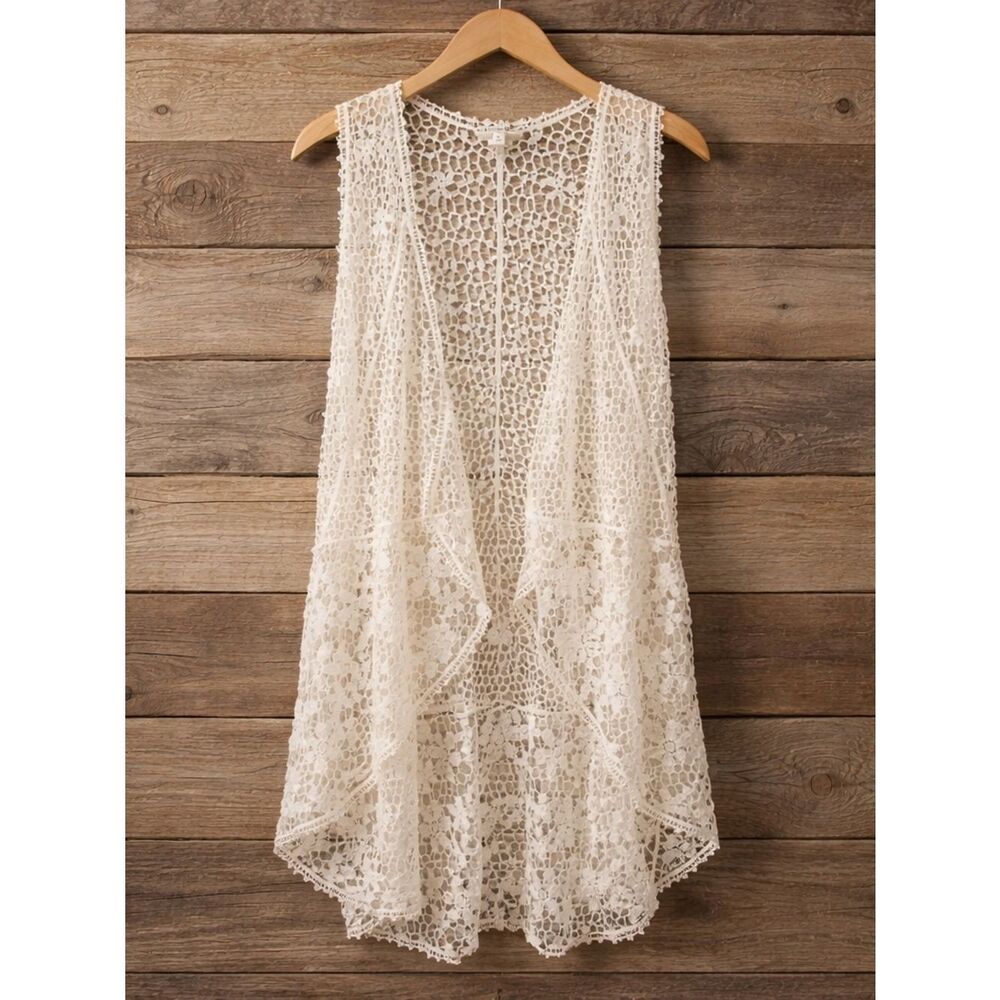 Signature Studio Cream Openwork Crochet Swim Cover-Up Vest
